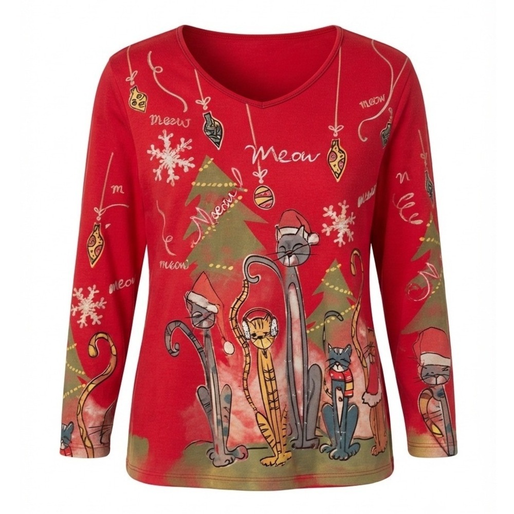 Jess & Jane Womens Meow Meow Christmas Cat Red V-Neck Long Sleeve Tee XL